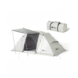 A white Mobi Garden tunnel tent set up with an extended vestibule, displayed alongside its carrying bag.