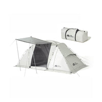 A white Mobi Garden tunnel tent set up with an extended vestibule, displayed alongside its carrying bag.
