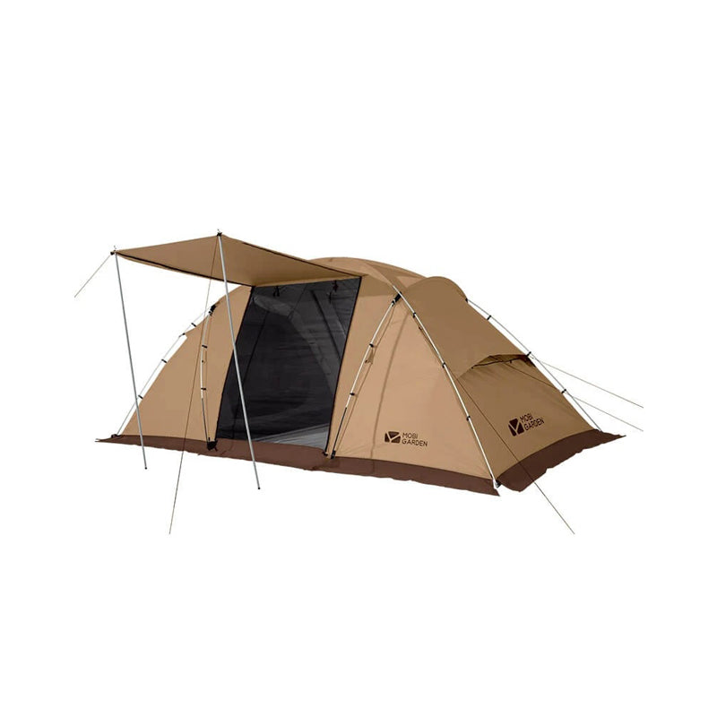 A brown tunnel tent with a double-layer door design, supported by silver-coated interior and high-strength aviation aluminum poles, designed to accommodate four people.