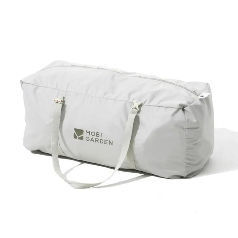 Light gray storage bag with Mobi Garden logo on a white background