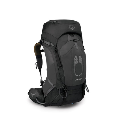 Osprey Atmos AG 50 backpacking pack in Black, white-background side view