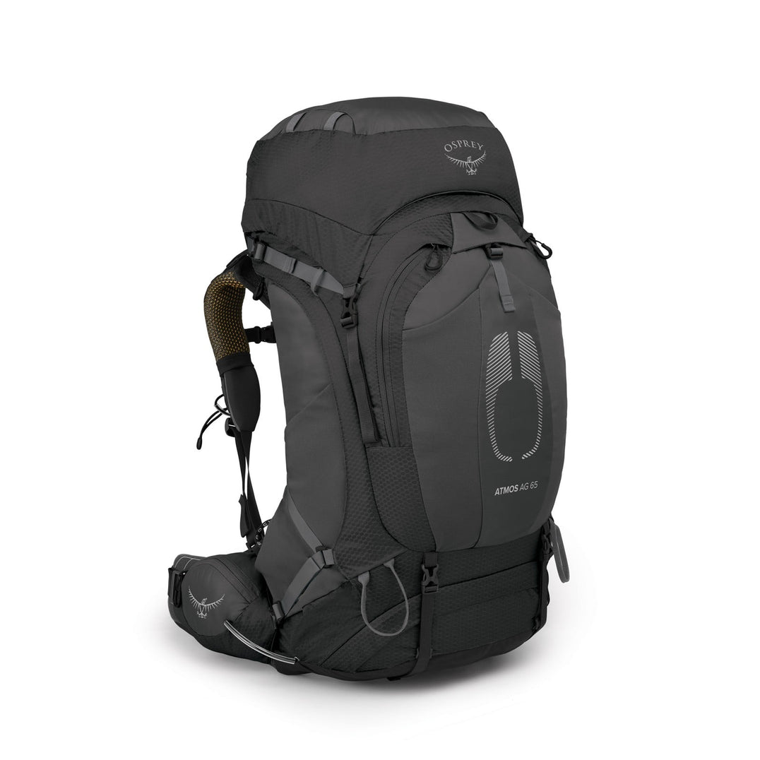 Osprey Atmos AG 65 backpacking pack in Black, white-background side view
