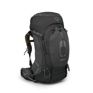 Osprey Atmos AG 65 backpacking pack in Black, white-background side view