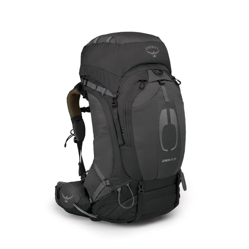 Osprey Atmos AG 65 backpacking pack in Black, white-background side view