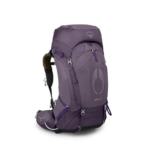 Osprey Aura AG 50 women's backpacking pack in Enchantment Purple, white-background side view