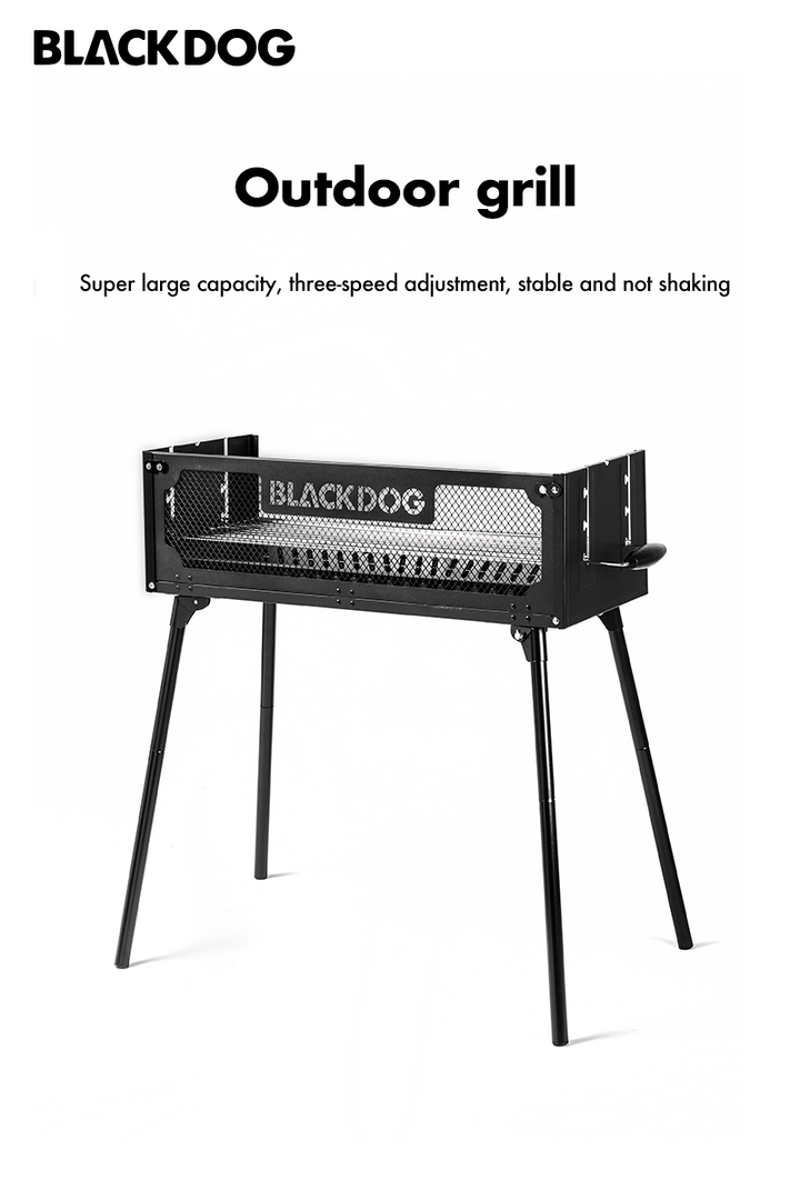 Side view of fully assembled Black Dog folding BBQ grill standing ready for use.