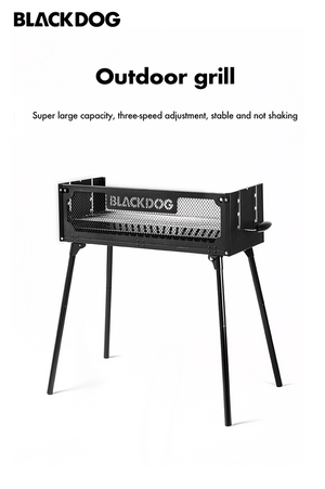 Side view of fully assembled Black Dog folding BBQ grill standing ready for use.