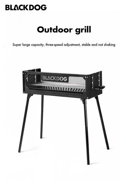 Side view of fully assembled Black Dog folding BBQ grill standing ready for use.
