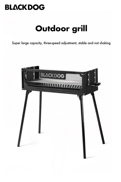 Side view of fully assembled Black Dog folding BBQ grill standing ready for use.