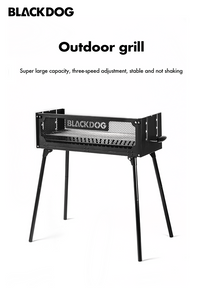 Side view of fully assembled Black Dog folding BBQ grill standing ready for use.