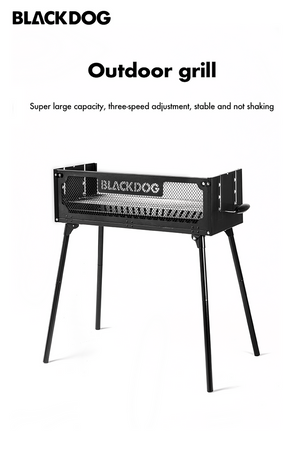 Side view of fully assembled Black Dog folding BBQ grill standing ready for use.