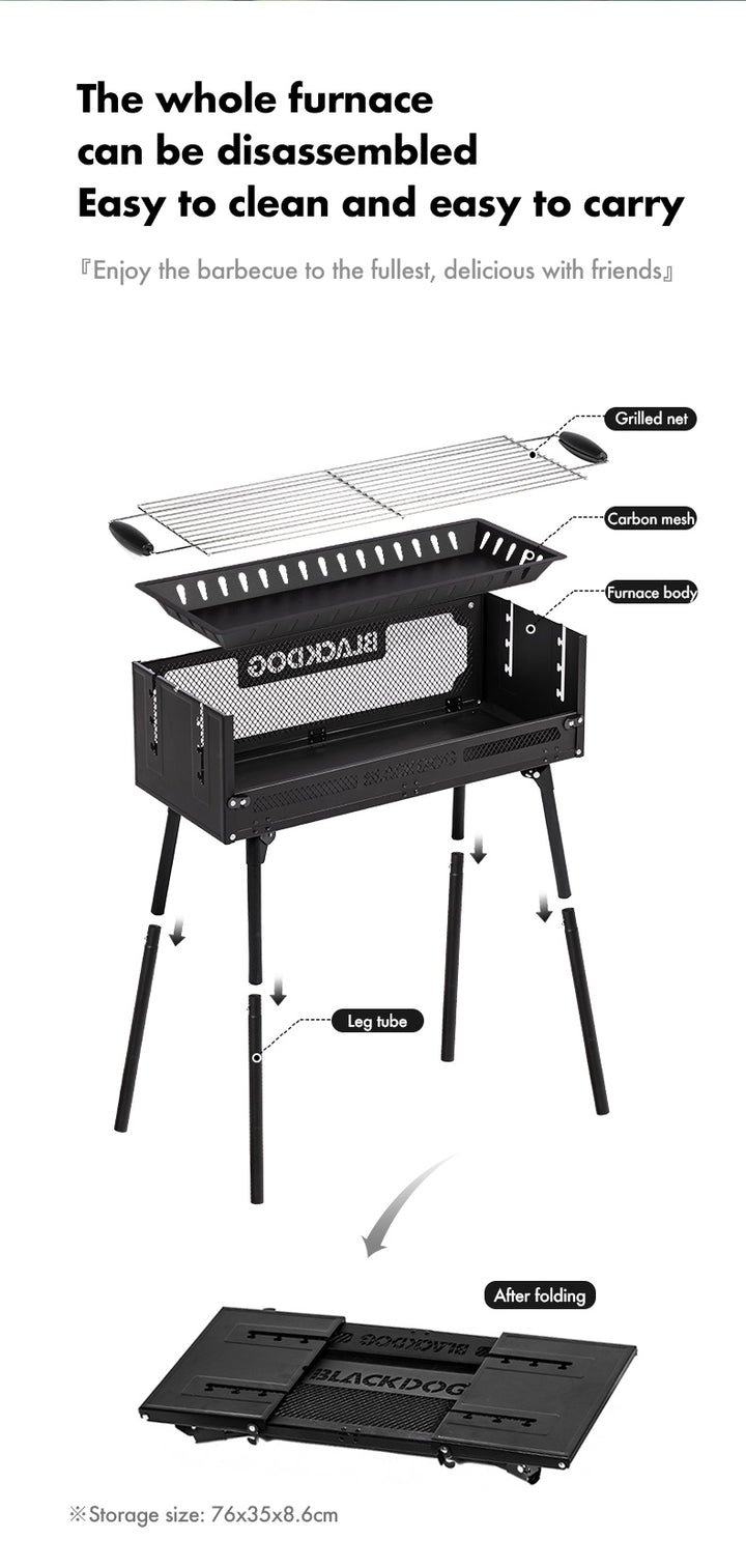 Black Dog folding BBQ grill assembled with charcoal grate on tripod legs.