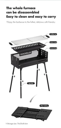 Black Dog folding BBQ grill assembled with charcoal grate on tripod legs.