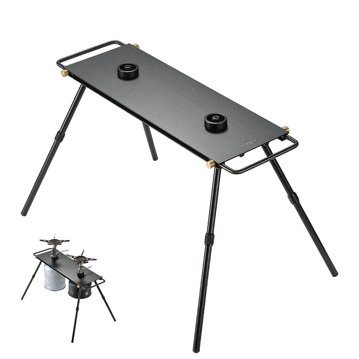 Campingmoon double gas stove unfolded with two burner ports and foldable legs, matte anodized finish