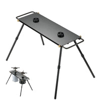 Campingmoon double gas stove unfolded with two burner ports and foldable legs, matte anodized finish