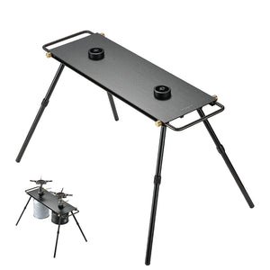 Campingmoon double gas stove unfolded with two burner ports and foldable legs, matte anodized finish