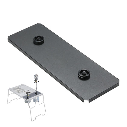 A black portable camping stove with a half double burner design, displayed both as a standalone unit and folded for storage.