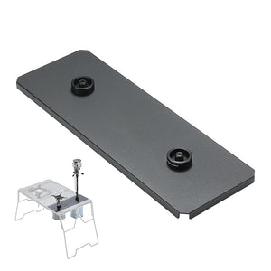 A black portable camping stove with a half double burner design, displayed both as a standalone unit and folded for storage.