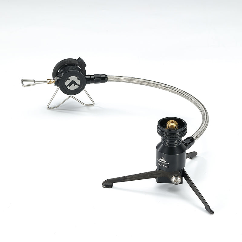 Campingmoon BKZ23 remote stove adapter with three‑leg stand and flexible hose for disconnecting the fuel canister from the burner.
