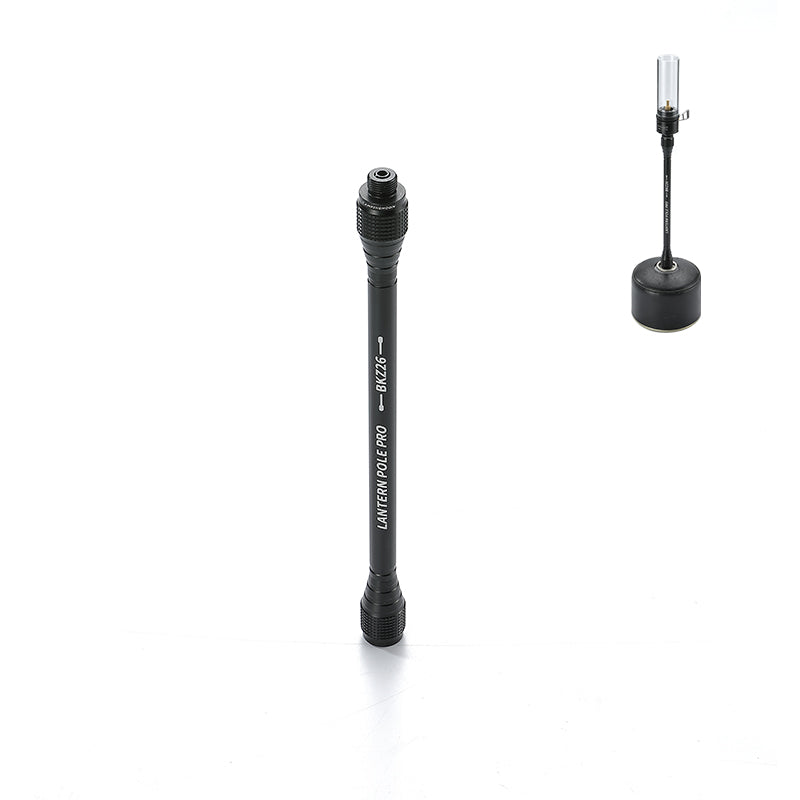 A black extension pole with a swivel-end design, displayed in two different angles showing the matte black finish and the branding details.