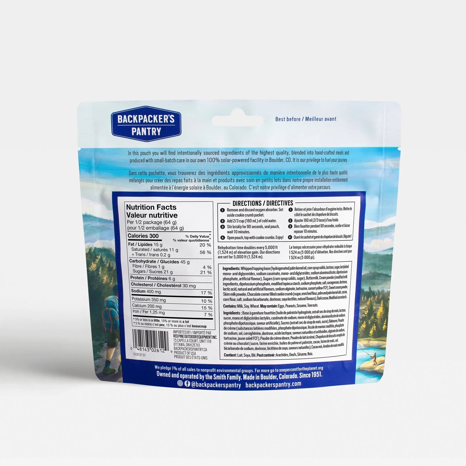 Back of the pouch showing bilingual nutrition facts, ingredients and directions