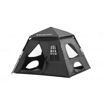 A black four-person tent with six windows, made of sunscreen fabric, designed for camping and outdoor activities.