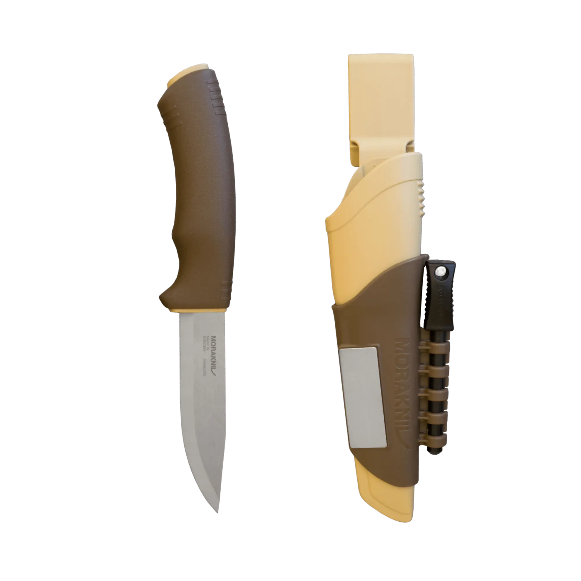 Morakniv Bushcraft Survival Desert knife in sheath with integrated fire starter and diamond sharpener