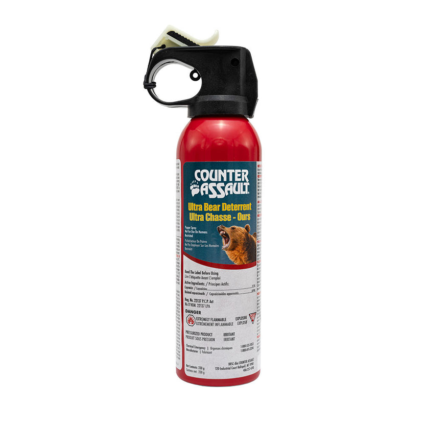 Counter Assault Bear Spray 230g canister with glow-in-the-dark safety wedge