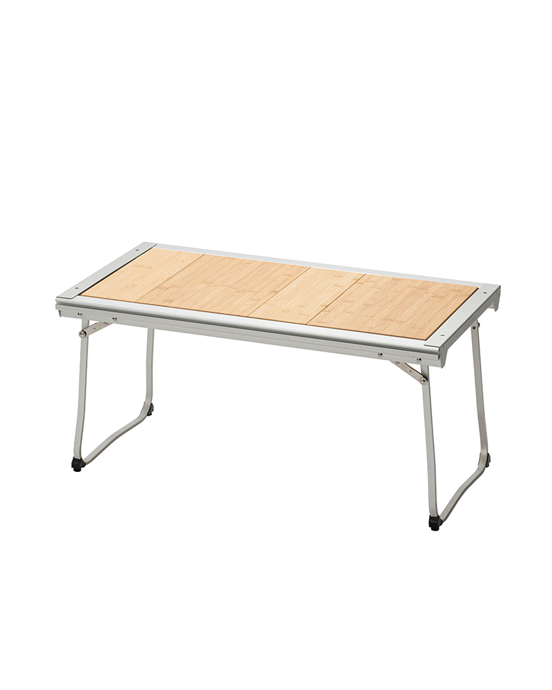 Snow Peak Entry IGT Table CK-080R, silver aluminum frame with four natural bamboo top panels, legs extended