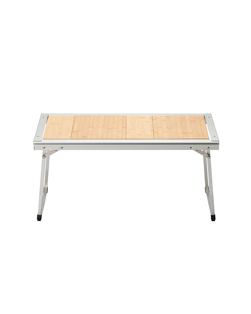 Snow Peak Entry IGT Table CK-080R front view, bamboo top level across the frame on splayed folding legs