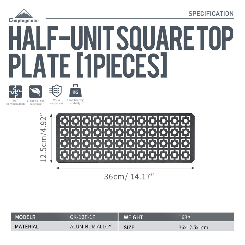Dimensions labeled on the side of A half size top plate for IGT, made of aluminum alloy with a powder coating, featuring laser cut holes for grill tables or bridge tables.