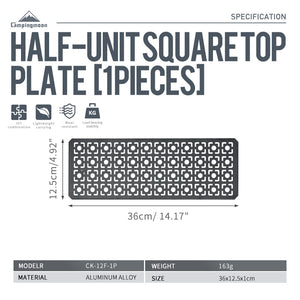 Dimensions labeled on the side of A half size top plate for IGT, made of aluminum alloy with a powder coating, featuring laser cut holes for grill tables or bridge tables.
