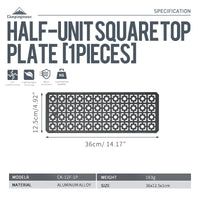 Dimensions labeled on the side of A half size top plate for IGT, made of aluminum alloy with a powder coating, featuring laser cut holes for grill tables or bridge tables.