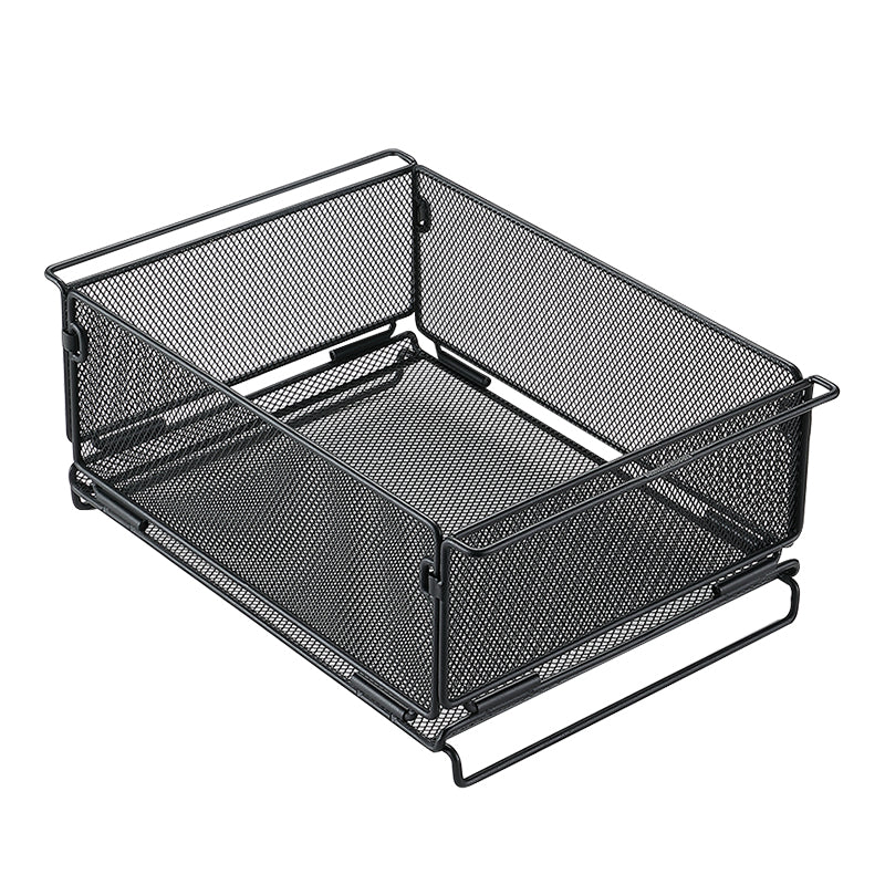 A black mesh storage tray with a rugged expanded metal design, featuring multiple handles on the sides for carrying.