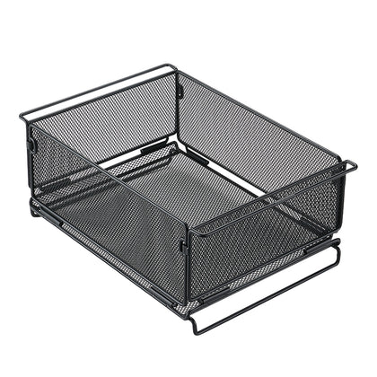 A black mesh storage tray with a rugged expanded metal design, featuring multiple handles on the sides for carrying.