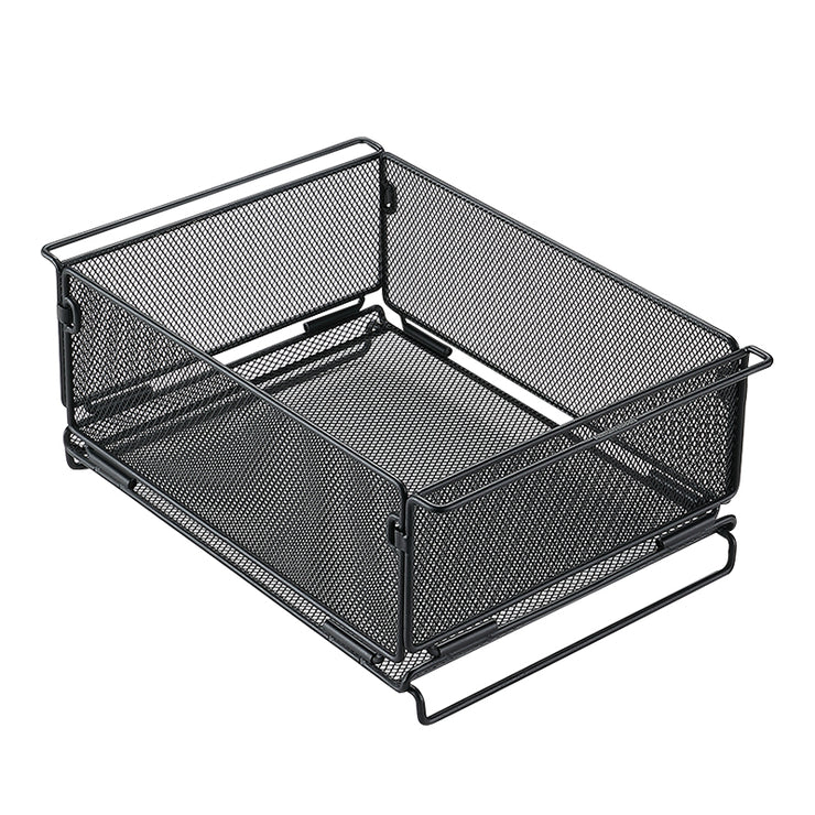A black mesh storage tray with a rugged expanded metal design, featuring multiple handles on the sides for carrying.