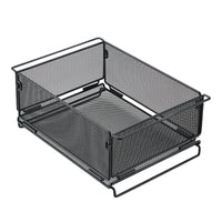A black mesh storage tray with a rugged expanded metal design, featuring multiple handles on the sides for carrying.