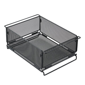 A black mesh storage tray with a rugged expanded metal design, featuring multiple handles on the sides for carrying.