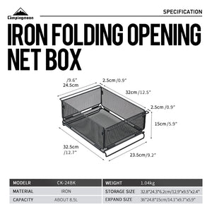 Dimensions labeled on side of A black mesh storage tray with a rugged expanded metal design, featuring multiple handles on the sides for carrying.