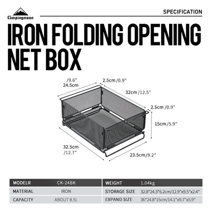 Dimensions labeled on side of A black mesh storage tray with a rugged expanded metal design, featuring multiple handles on the sides for carrying.