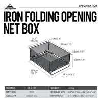 Dimensions labeled on side of A black mesh storage tray with a rugged expanded metal design, featuring multiple handles on the sides for carrying.
