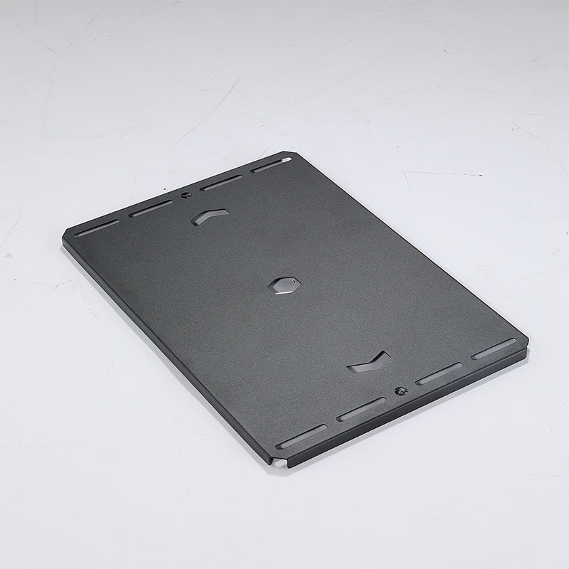 A matte black flat cover plate made of stainless steel with pre-drilled mounting holes, designed for use with camp table frames.
