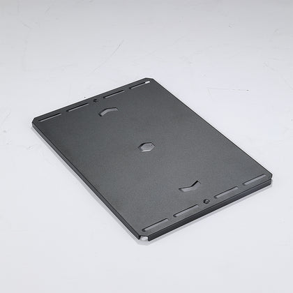 A matte black flat cover plate made of stainless steel with pre-drilled mounting holes, designed for use with camp table frames.