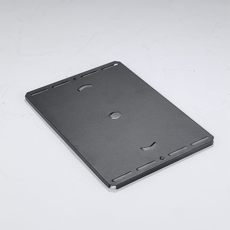 A matte black flat cover plate made of stainless steel with pre-drilled mounting holes, designed for use with camp table frames.