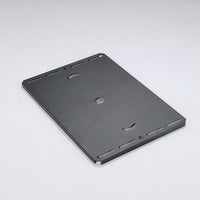 A matte black flat cover plate made of stainless steel with pre-drilled mounting holes, designed for use with camp table frames.