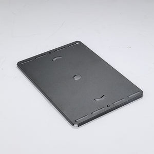 A matte black flat cover plate made of stainless steel with pre-drilled mounting holes, designed for use with camp table frames.