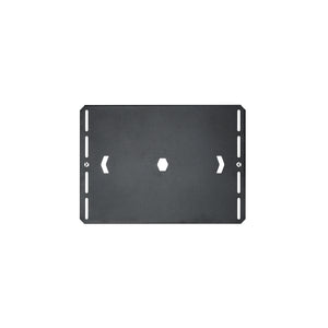 A matte black flat cover plate made of stainless steel with pre-drilled mounting holes, designed for use with camp table frames.