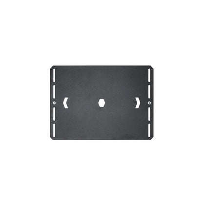 A matte black flat cover plate made of stainless steel with pre-drilled mounting holes, designed for use with camp table frames.