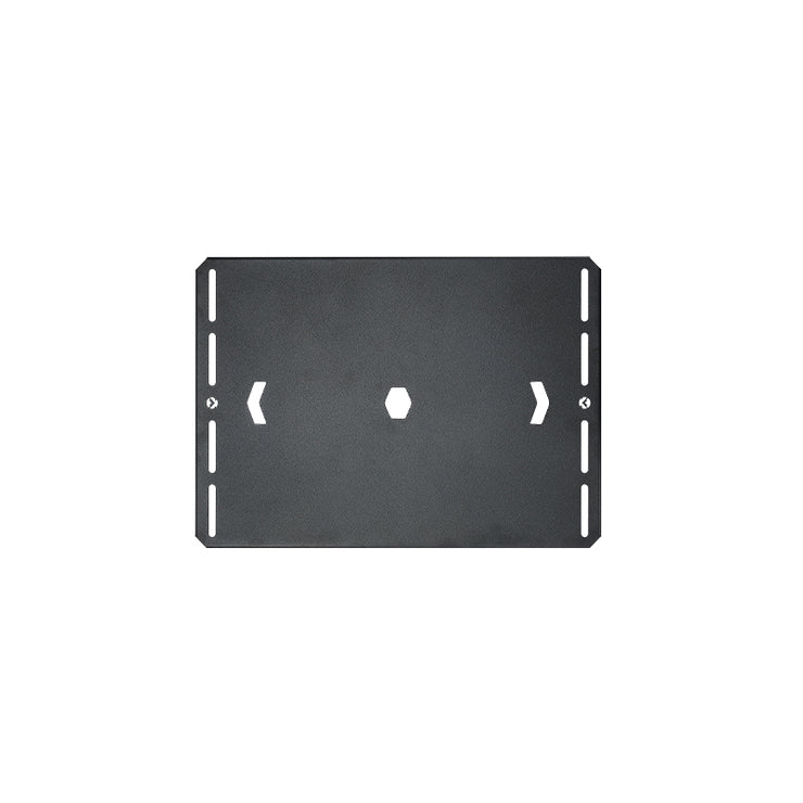 A matte black flat cover plate made of stainless steel with pre-drilled mounting holes, designed for use with camp table frames.