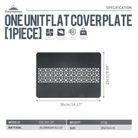 Dimension labeled on the side of A black aluminum top board with a geometric pattern, designed for use with IGT grill tables and bridge tables.